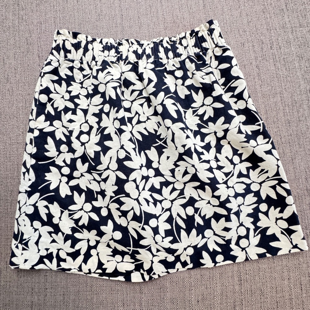J.Crew Navy White Floral Linen Cotton Elastic Waist Mini Skirt Pockets 6 42251